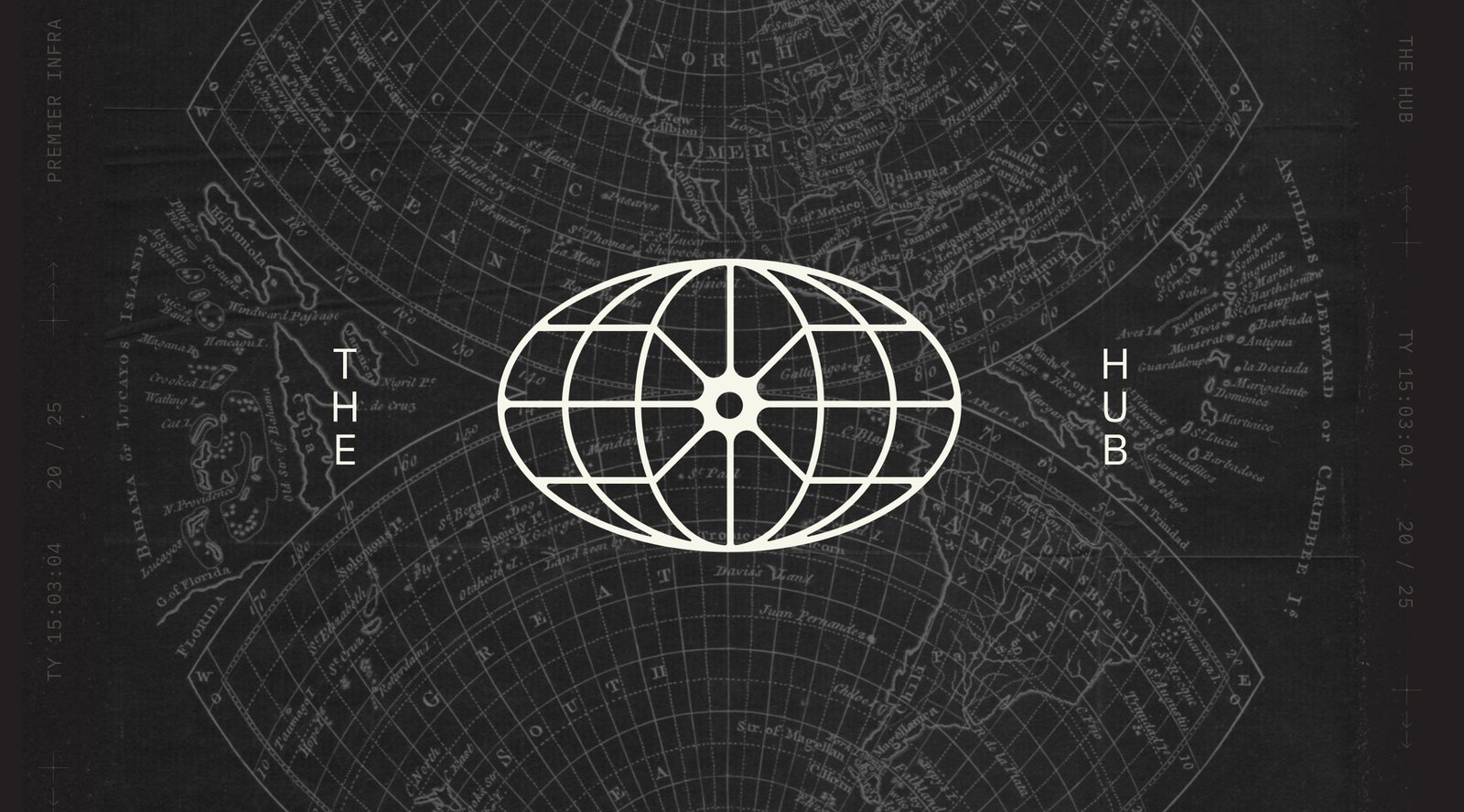 TheHUB logo, a white globe grid, centered on a dark antique world map.