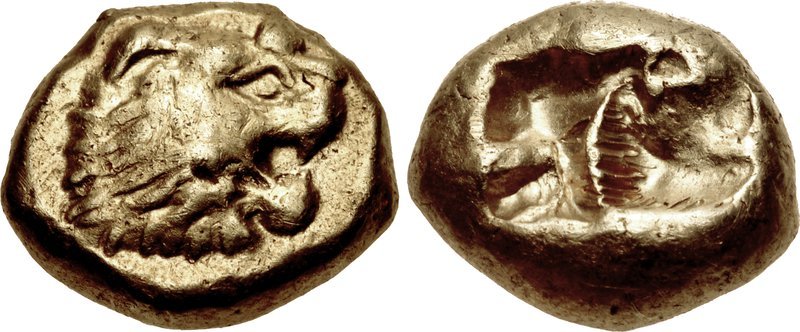 Two sides of a gold-colored electrum coin, one with a lion's head and one with a rough punched square.