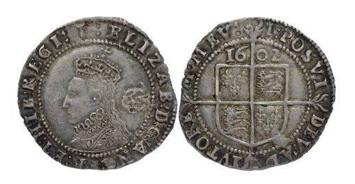 Both faces of a worn silver sixpence, with a crowned queen on one side and a shield on the other.